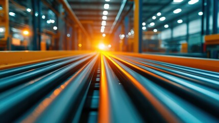 The image provides a striking perspective view of metallic rails within an industrial setting, glowing with warm light, symbolizing progress and direction in manufacturing.