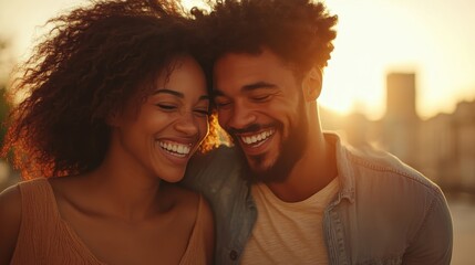 This intimate portrait captures a joyful couple sharing smiles and laughter against a beautiful sunrise backdrop, celebrating love, connection, and happiness in a candid moment.
