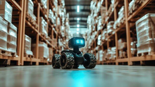 An autonomous robot moves confidently through a warehouse environment rich with storage, symbolizing the advancement of technology in logistics and warehouse automation.