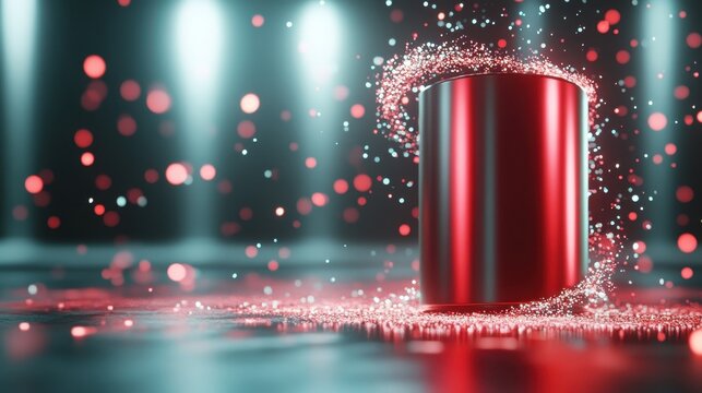 An abstract image showcases a glowing cylinder surrounded by dynamic light trails and sparkles, representing creativity, energy, and the fusion of technology with art in a vibrant manifestation.