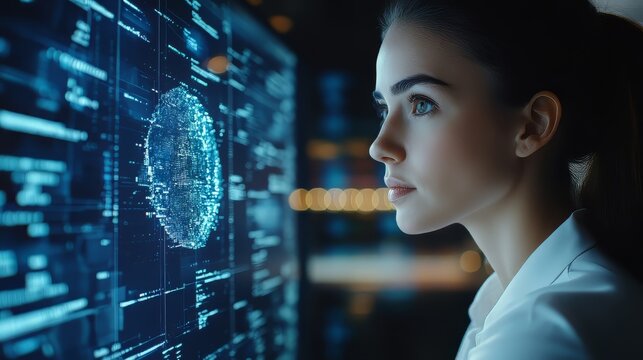 AI Artificial Intelligence: Businesswoman using AI technology for data analysis, coding computer language with digital brain, machine learning, prompt engineering, business intelligence.