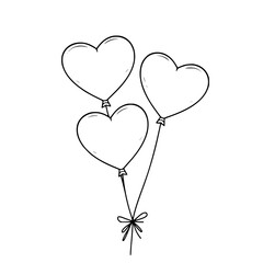 Three Heart Balloons: A charming line art illustration of three heart-shaped balloons tied together with a ribbon, perfect for Valentine's Day or romantic designs.