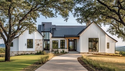 Modern farmhouse style home with white siding, dark roof, and large windows