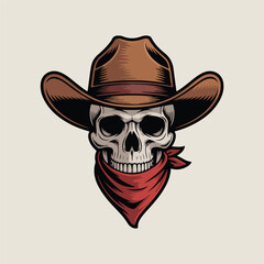 Cowboy Skull Wearing Western Hat and Bandana – Vintage Emblem Vector Illustration

