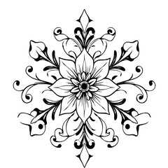 Ornate Floral Mandala: A striking black and white line art illustration showcases a symmetrical floral design, intricate details, and elegant swirls.