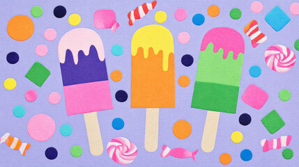 Three popsicles and candies