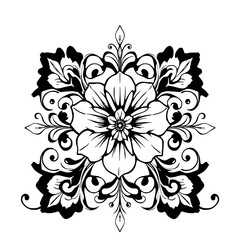 Ornate Floral Mandala: A striking monochrome line art illustration showcases a detailed floral mandala with intricate swirls and a central blossom, perfect for design projects.