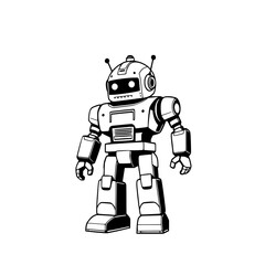 Friendly Robot: A charming monochrome line art illustration of a cute, retro-style robot, showcasing its playful design and simple features.