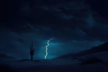 A lone saguaro cactus silhouetted against a dramatic nighttime desert landscape illuminated by a lightning strike.