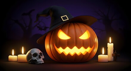 Halloween, Jack-o'-lantern, Pumpkin, Spooky Halloween Jack-o'-lantern with Witch's Hat and Skull