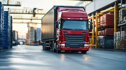 Naklejka premium A red and black semi-truck driving through a warehouse with a trailer full of red and black boxes.
