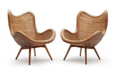 Two light brown wicker armchairs, side-by-side, on a white background