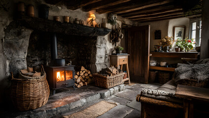 Cottage interior showcasing a wood burner fireplace, hearth, and basket for log storage.