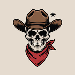 Cowboy Skull Wearing Western Hat and Bandana – Vintage Emblem Vector Illustration

