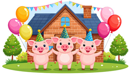 Fototapeta premium Three Joyful Pigs Celebrating by a Brick House Transparent Background PNG