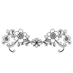Floral Flourish: Elegant Line Art Design -  A monochrome illustration features two symmetrical blooming flowers with ornate, swirling vines, creating a decorative border perfect for design projects.