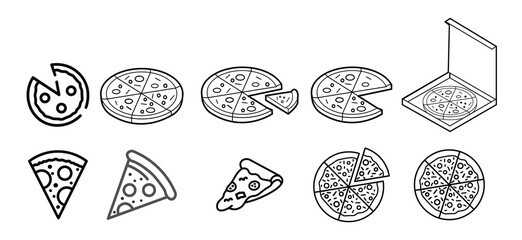 Pizza icon vector set. Pizza slice line icon. Pizza with one slice separated linear icon. Fast food symbol. Editable stroke. Vecto
