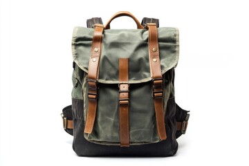 Naklejka premium Olive green canvas backpack with brown leather accents