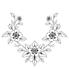 Elegant Floral Design: A monochrome line art illustration showcases a graceful arrangement of flowers and leaves, creating a symmetrical and sophisticated floral pattern.