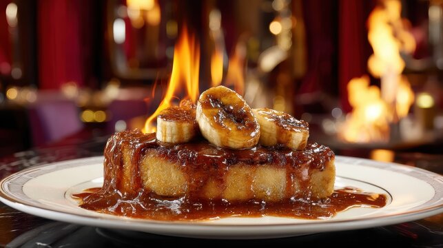 Banana foster dessert flaming tableside on a softly blurred New Orleans jazz club backdrop under perfect lighting