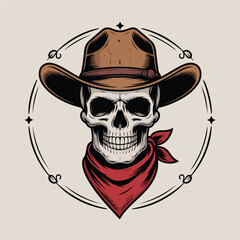 Cowboy Skull Wearing Western Hat and Bandana – Vintage Emblem Vector Illustration

