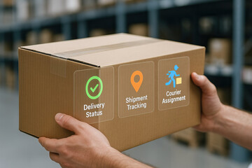Delivery status, shipment tracking, and courier assignment icons displayed on brown cardboard box held by hands in warehouse, representing logistics and modern supply chain technology