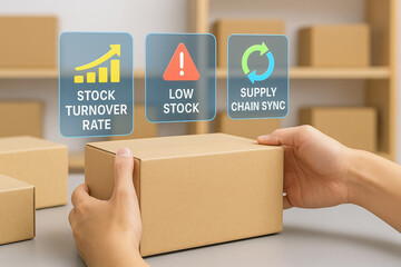 Stock turnover rate, low stock warning, and supply chain sync icons above person holding cardboard box in warehouse, representing inventory management and logistics