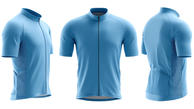 Cyan cycling jersey apparel with zipper design showcased in multiple perspectives