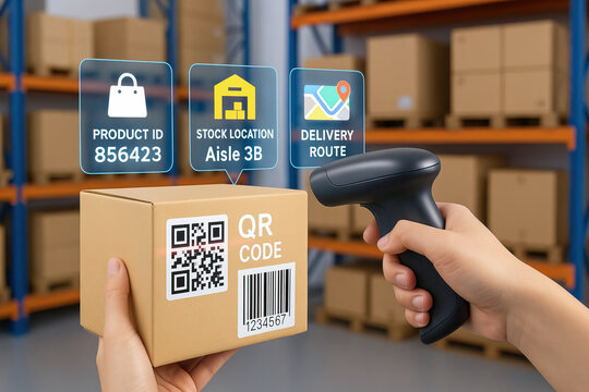Hand holding barcode scanner scanning QR code on cardboard box, with digital icons showing product ID, stock location, and delivery route in warehouse storage environment