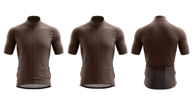Brown cycling jersey on a black background showcasing front and rear views