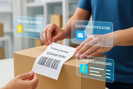 Tracking number label being applied to cardboard box logistics dashboard customer notification shipping delivery barcode parcel e commerce and order fulfillment concept