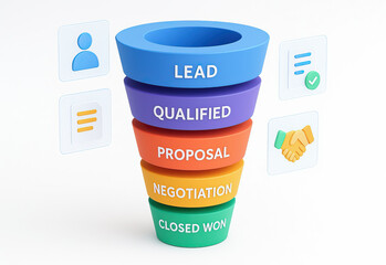 Lead, qualified, proposal, negotiation, closed won, sales funnel business marketing process, 3D illustration colorful infographic customer conversion stage pipeline opportunity deal.