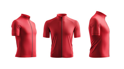 A vibrant red cycling jersey on display against a solid black background featuring various angles
