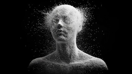 Abstract grayscale portrait; face and upper torso of a figure, seemingly composed of particles, exploding outward