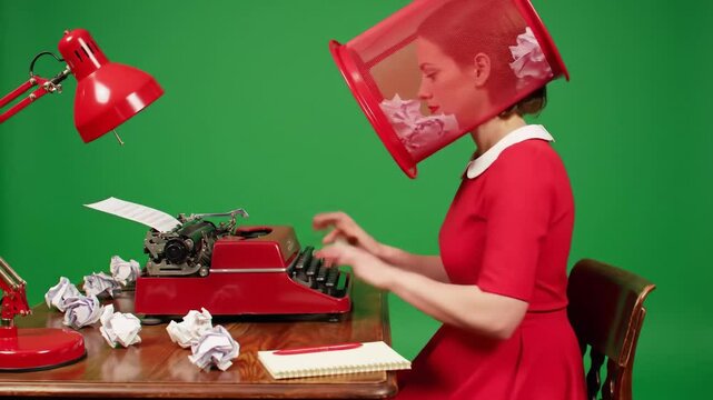 A woman in red dress types on a vintage machine with a basket over her head, portraying a surreal scene of creative pressure and artistic block in a bold studio setup