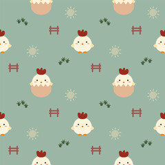 Chicken and eggshell cartoon so cute. On fence grass sun green background. Pattern seamless vector illustration. 