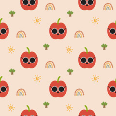 Apple and sunglasses cartoon so cute. On sun rainbow tree background. Pattern seamless vector illustration. 