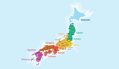 A vibrant and clear political map of Japan, highlighting its main islands and regions with distinct colors. The map labels the major regions including Hokkaido, Tohoku, Kanto, Chubu, Kansai, Chugoku,  © Vector