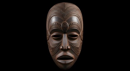 African mask, Carved mask, Wooden mask, Intricate Carved African Mask on Black Background