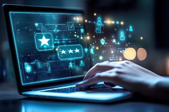 Laptop with glowing review icons