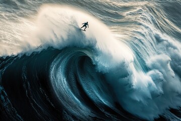 Surfer riding massive wave