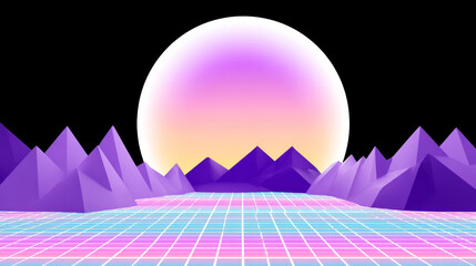 Grid ground in front of purple mountain