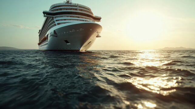 A striking image of a large cruise ship sailing on tranquil waters at sunset, showcasing the beauty of travel and exploration in vibrant hues of orange and blue.