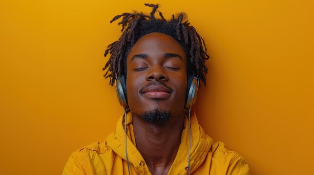 A young man with headphones sits against a bright orange background, deeply immersed in music, embodying the modern lifestyle of enjoyment, relaxation, and personal expression.