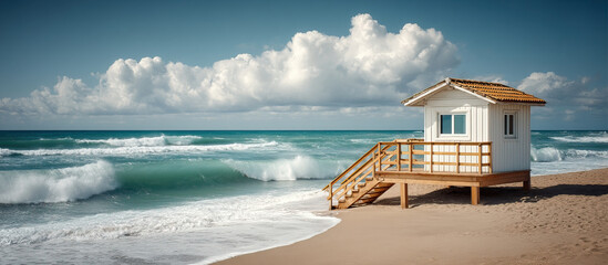 Obraz premium Vintage style lifeguard tower wooden structure sandy beach turquoise ocean blue sky fluffy clouds peaceful summer coastal tranquil scene