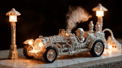 Retro car model smoking under lights