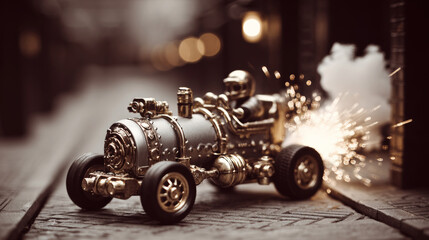 Metal toy car spraying sparks on cobblestone road