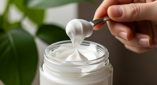 Hydrating Face Cream in Jar with Hand and Organic Plant Detail