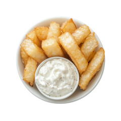 Crispy Potato Fries with Creamy Dip in White Bowl - Overhead View