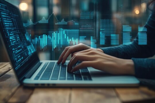 Close-up of hands typing on laptop, overlaid with financial data